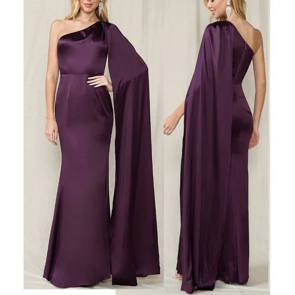open lace back dress A-Line One-Shoulder Beaded Open-Back Chiffon Dress M6403 by Clarisse 16 / Eggplant